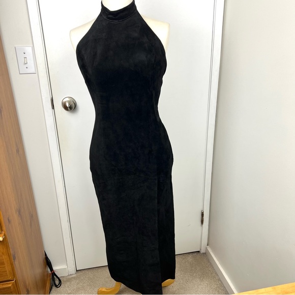 Positano Pelle Dresses & Skirts - Vintage Leather Suede Long Column Dress Size 4 Black High Halter Neck Sexy Y2K